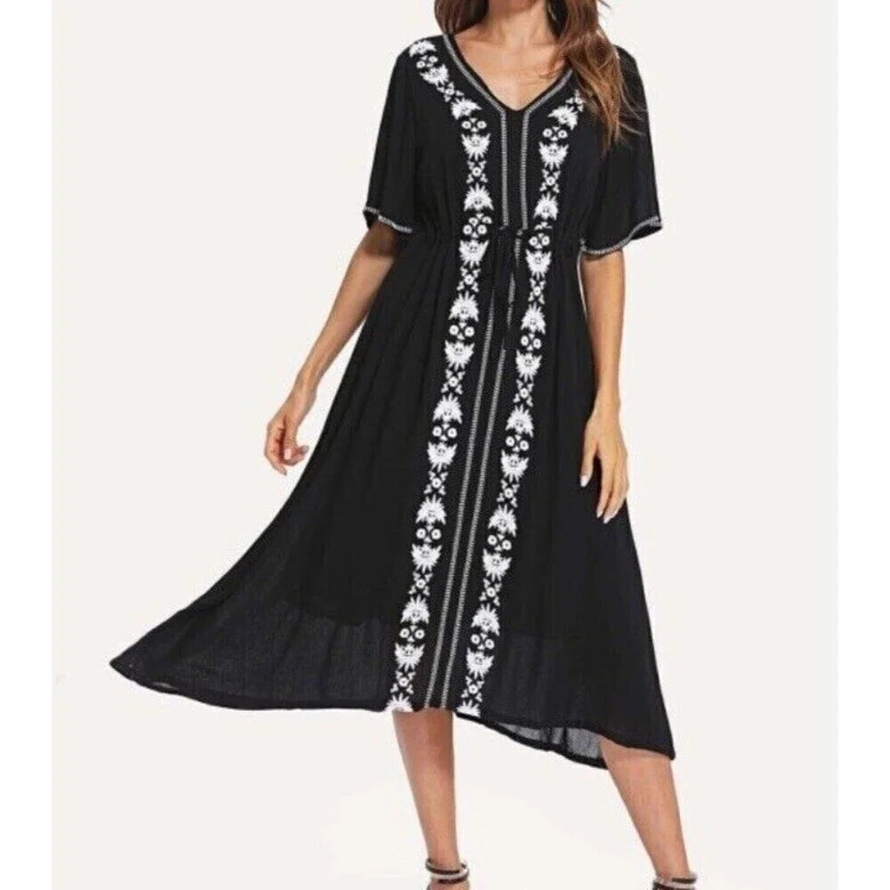 NYTT Hippie Boho Chic Black Midi Embroidered Drawstring Waist Dress Size Med